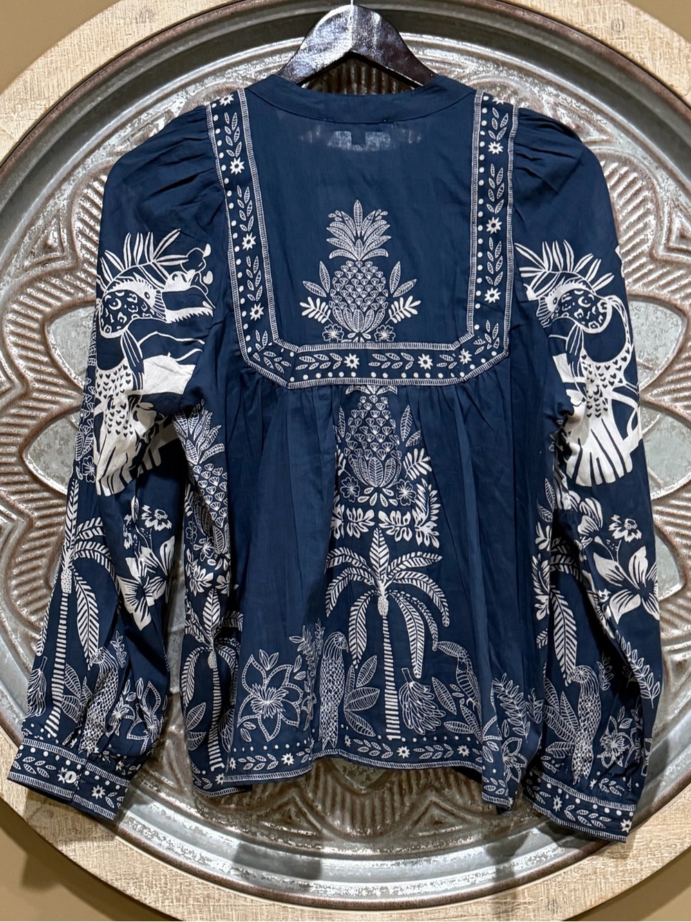 Navy & White Bohemian Boho Peasant Blouse with Tie Beaded Neck & Abalone Button - Picture 4 of 9